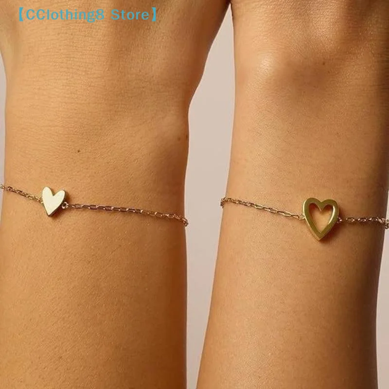 1/2Pcs Adjustable Alloy Heart Cutout Bracelets Sweet Simple Style For Couple Daily Wear Valentine's Day Romantic【AliS8】