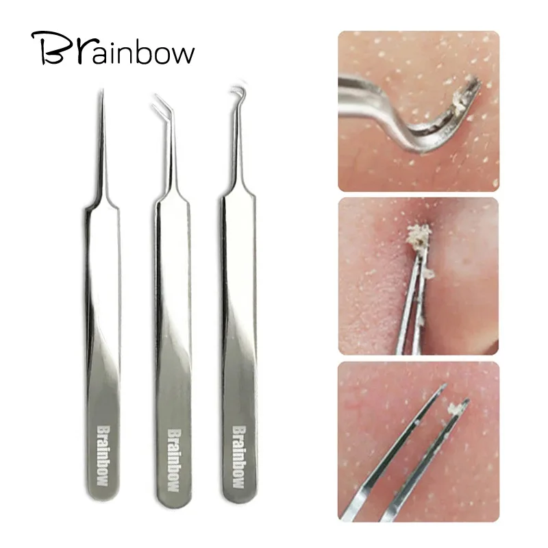 Brainbow 1piece Acne Tweezers Black Head Pimples Removal Pointed Bend Gib Head Face Care Tools Blackhead Comedone Acne Extractor