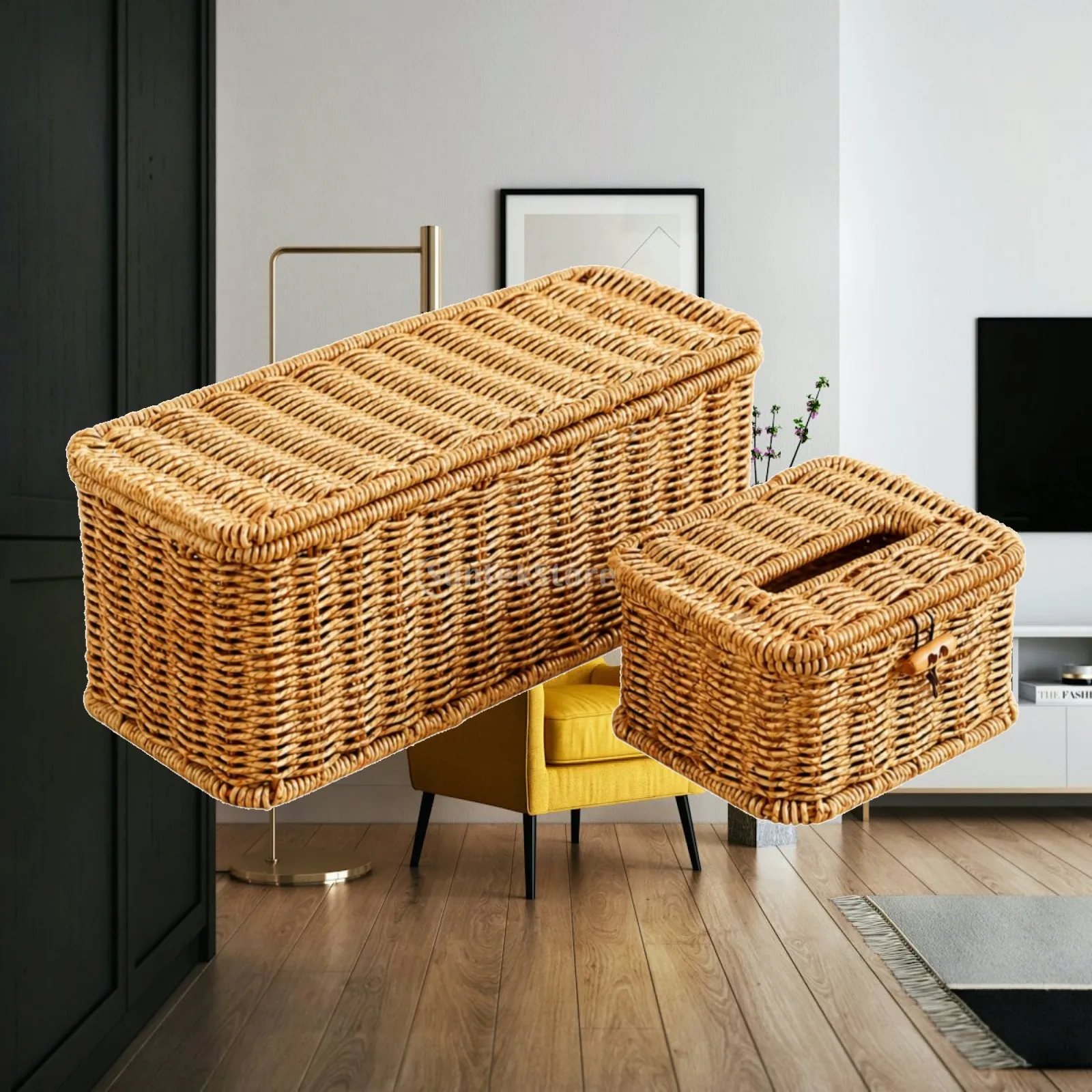 Cable Concealer Box with Hinged Lid for Power Strip Storage and Small Woven Tissue Case for Tabletop Clutter Control