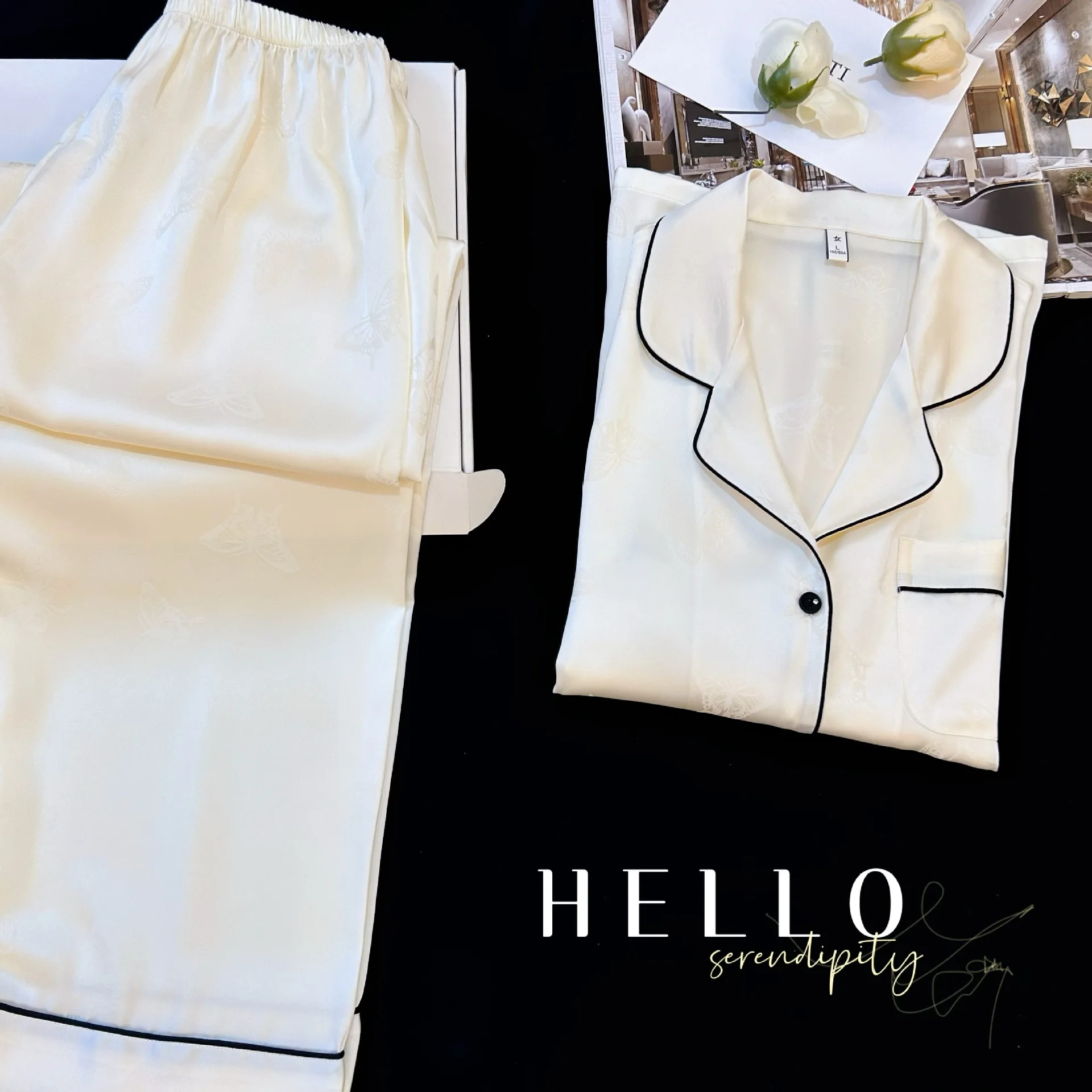 

New Summer Pajamas Women's Lapel Short-sleeved Trousers 2PCS Silk Satin Bow Jacquard Ice Silk Loungewear