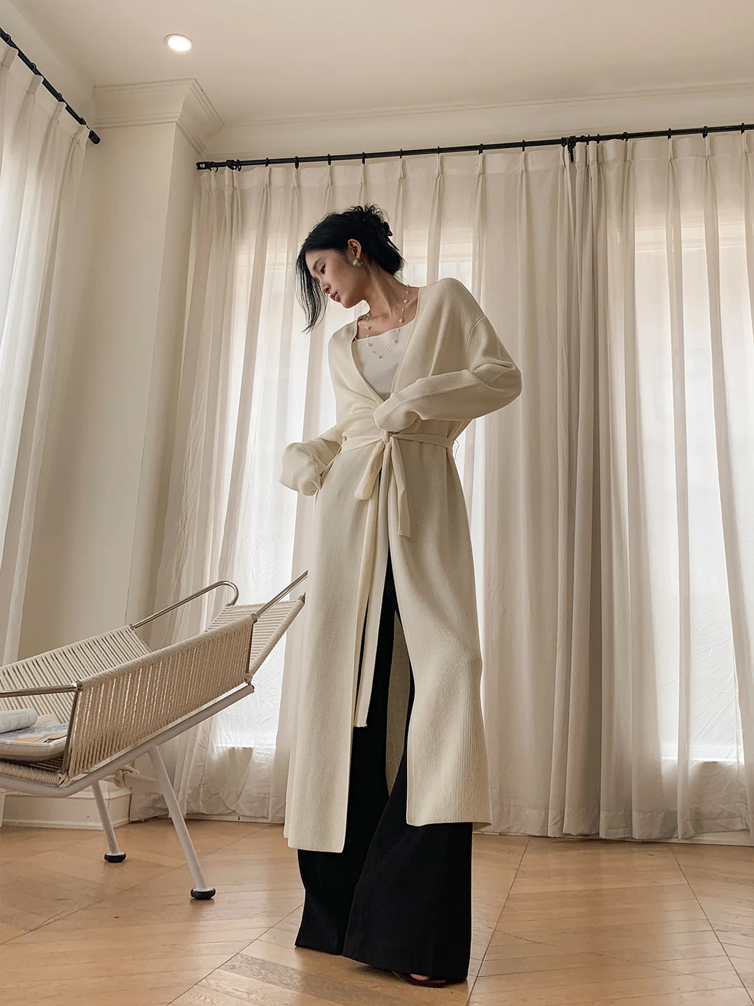 

ZOCHEEO V-образный вырез, длинный рукав, вязаный кардиган, женский свитер средней длины, повседневный жакет из смесового полиэстера и хлопка