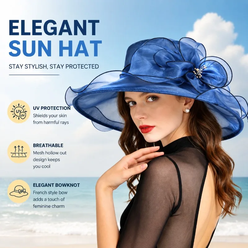 Women's Sun Hat Wide Brim UV Protection Summer Beach Hat French Elegant Bowknot Mesh Hollow Out Breathable