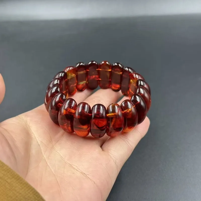 Second-generation blood silk amber beeswax single-ring bracelet with medicine amber semi-round abacus bead hand, blood