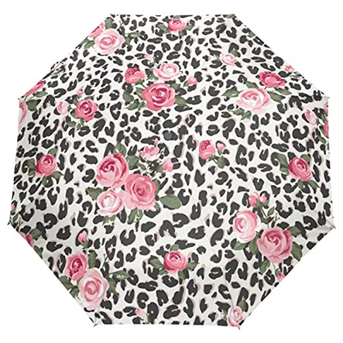 

Leopard Flowers Folding Rain Sun Umbrella Panther Skin Floral Travel Umbrellas Compact Lightweight Windproof for Girls Women