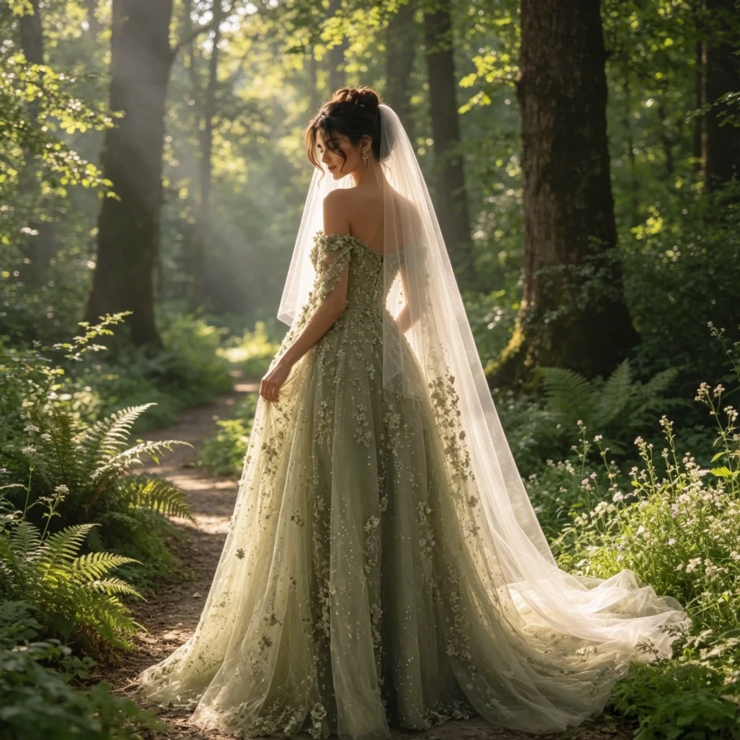 Sage Green Off Shoulder Wedding Dress Cape Sleeves Floral Lace A-Line Corset Forset Bridal Gown Fairy Bride Dress Customized