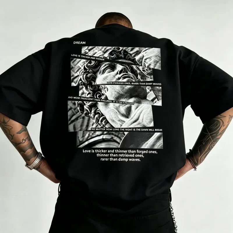Men's T-shirt featuring a collage of broken plaster statues on the back  printed on the body unisex fashion short-sleeved tees