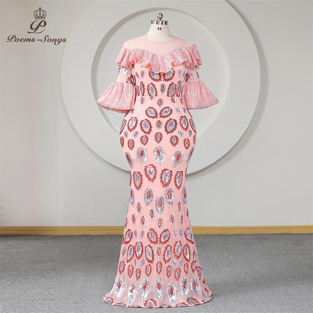 

Newest Peacock Pattern Evening Dress With Sleeves Pink Sequined Mermaid Plus Size Women Ruffles Sheer Neck Prom Dresses