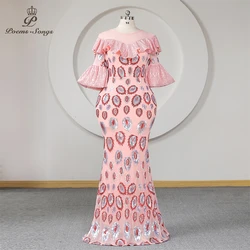 Newest Peacock Pattern Evening Dress With Sleeves Pink Sequined Mermaid Plus Size Women Ruffles Sheer Neck Prom Dresses