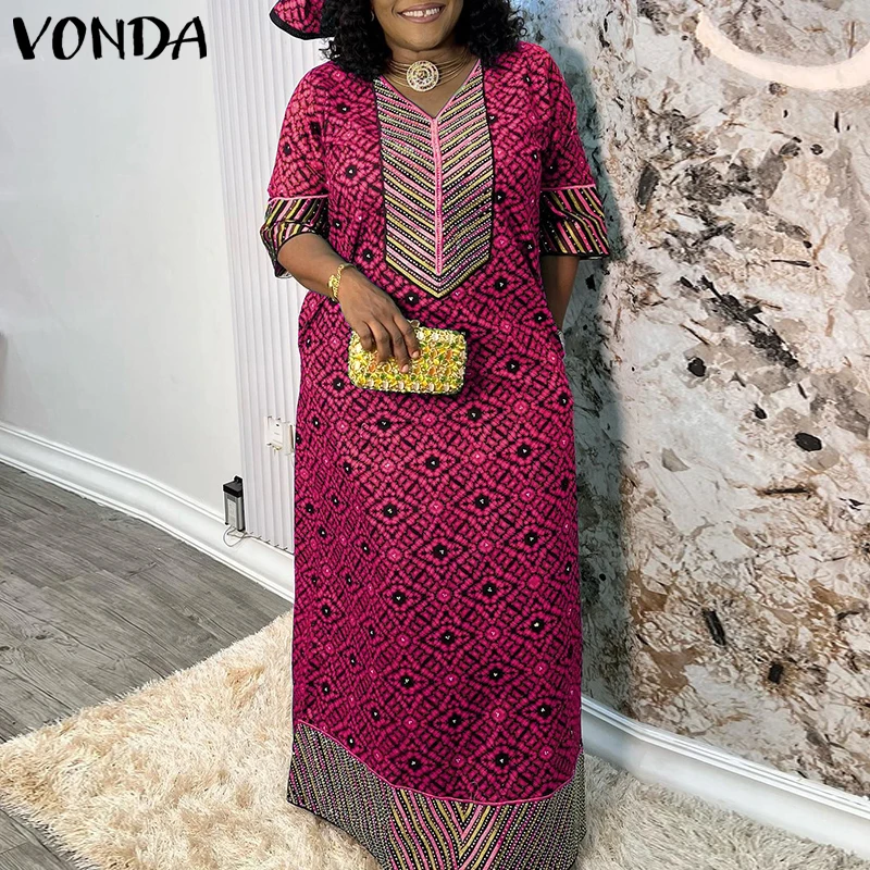 

Plus Size 5XL VONDA 2025 Women Bohemian Long Maxi Dress Vintage Printed Sundress Casual Loose V-Neck Half Sleeve Robe Oversized