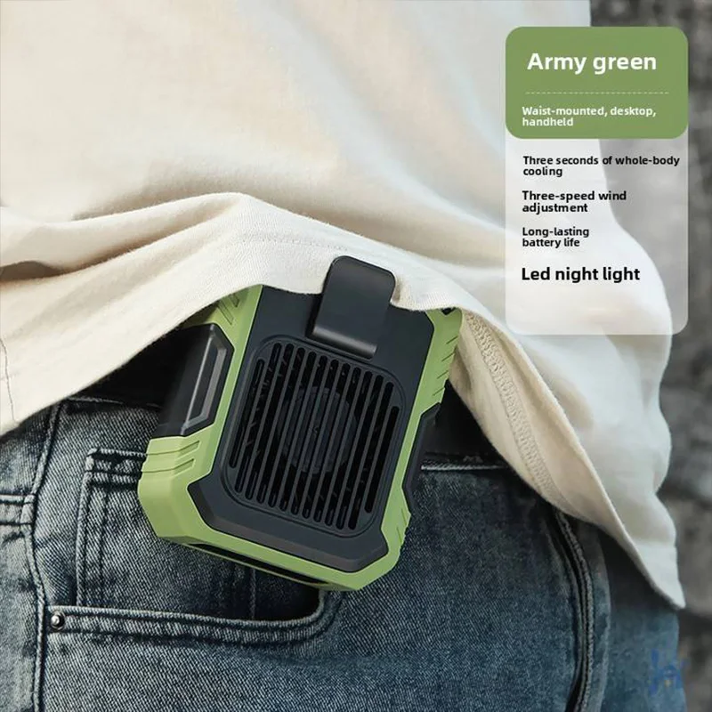 Portable and wearable mini-neck-and-back clamp fans with light-emitting and hanging design for outdoor camping power supply