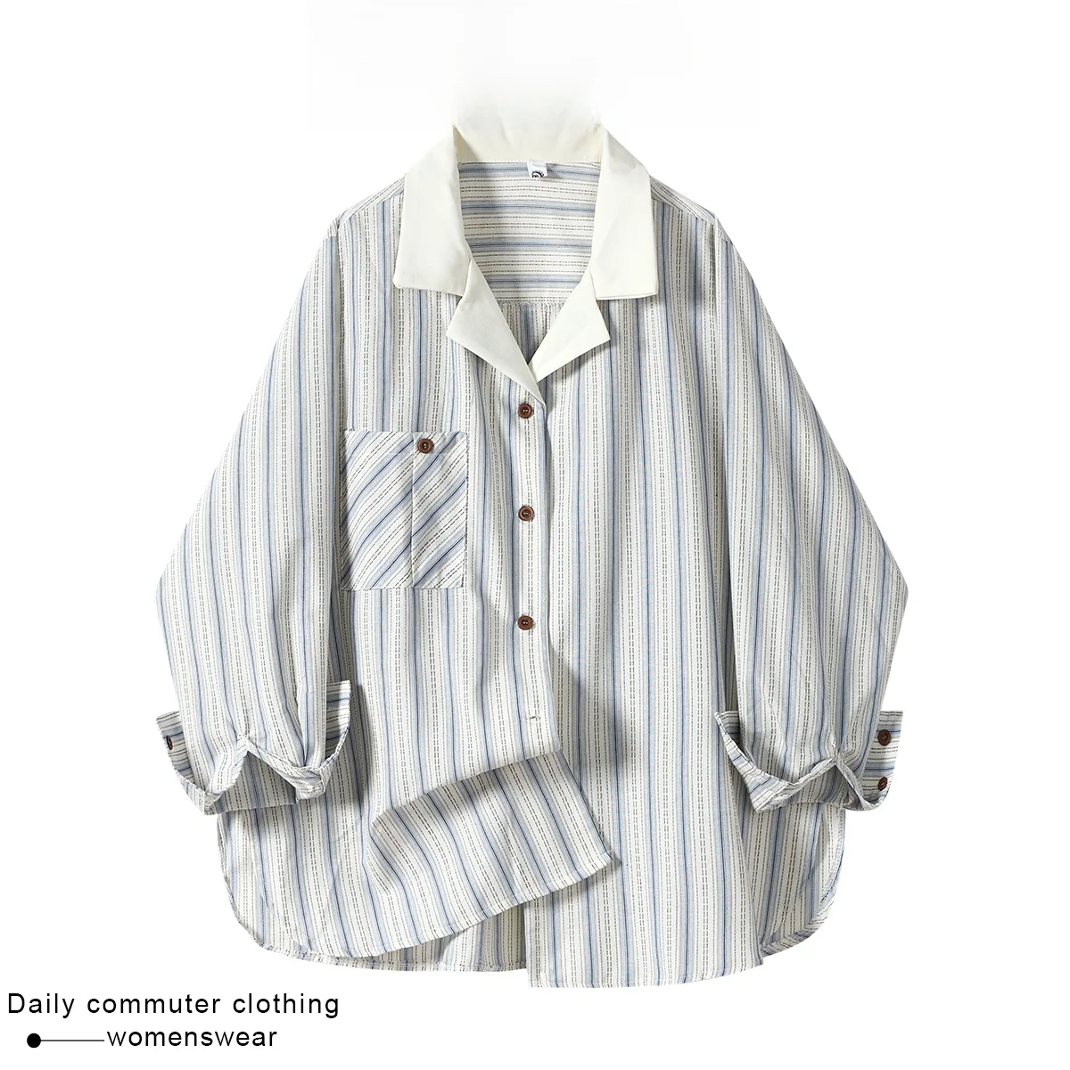 

Coshehkg Retro Cuban Collar Striped Shirt Women's Casual Design Pocket Long Sleeve Cotton Pure Autumn New Style Fashionable