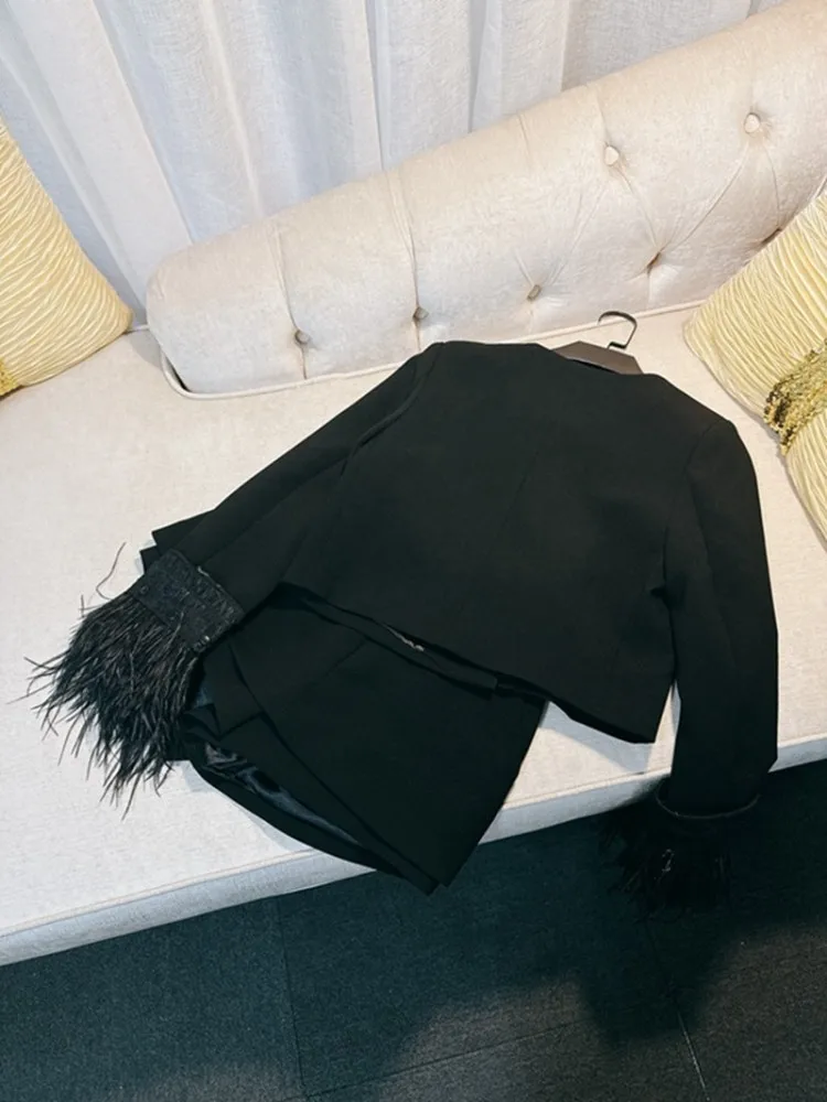 Office Ladies Retro O-Neck Black Jackets Outfits Detachable Feather Suit Jacket Date Sets Above Knee Length Shorts Two-Piece-Set