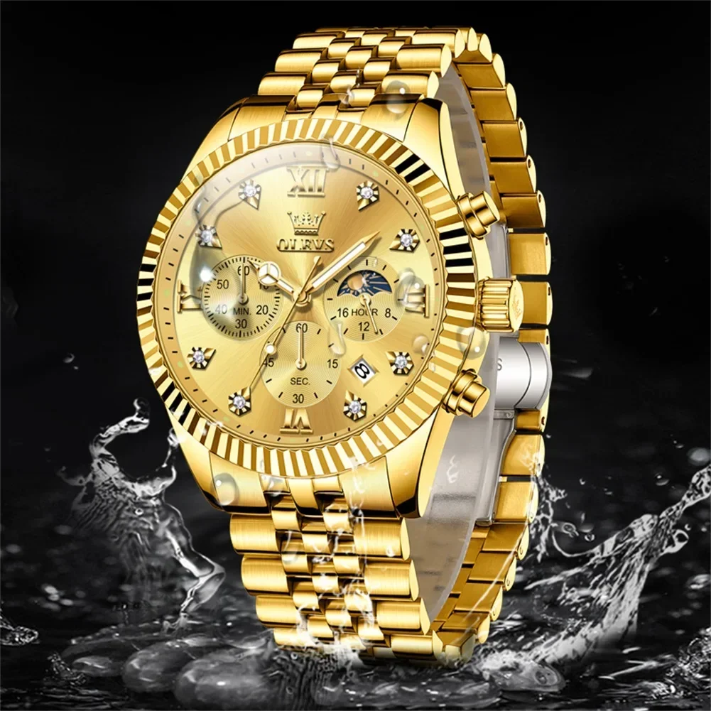 OLEVS 2932 Golden Watches for Men Brand Original Quartz Watch Chronograph Zircon Scale Waterproof Luminous Watch men