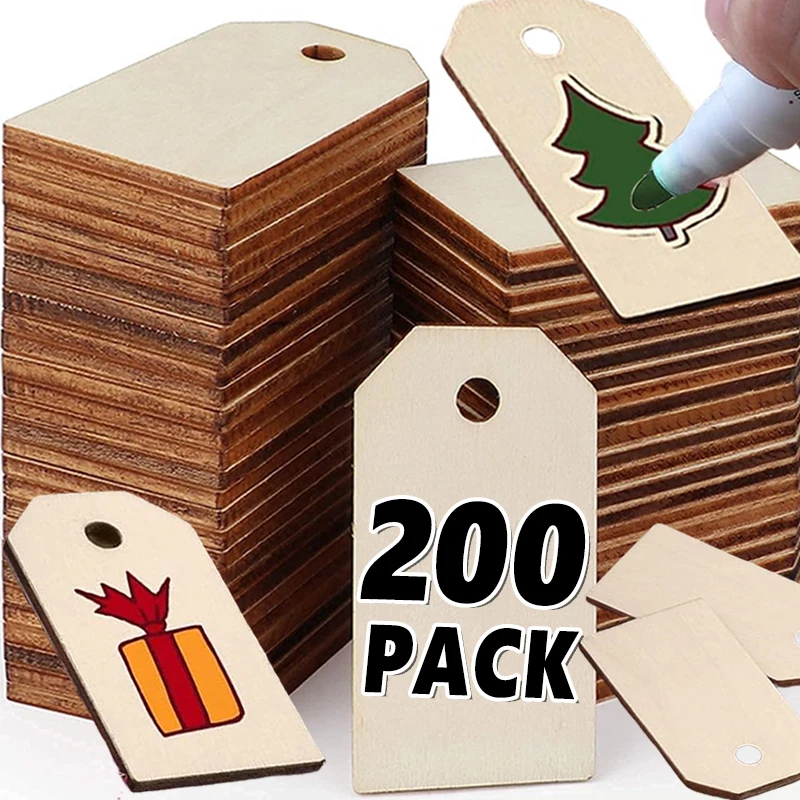 Rectangle Wood Slice Blank Tags With Rope Wooden Hanging Label Key Chains for DIY Craft Painting Wedding Birthday Party Decor