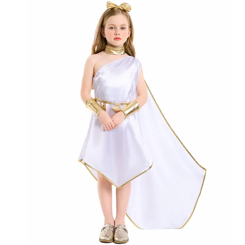 Girls Halloween Cosplay Ancient Greek Goddess Costume Athens Children's Off-shoulder Ribbon Clothes Roman Princess Dress Set