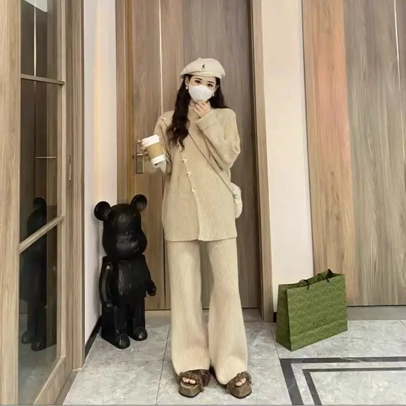 Stylish Knitted Casual Set for Women's Autumn and Winter New Style Loose Diagonal Button Sweater Wide Leg Pants Two Piece Set