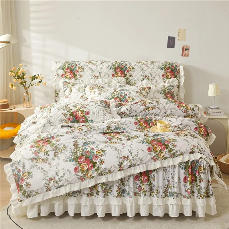 100%Cotton Vintage Bloom Flowers Ruffle Chic Bedding set Duvet Cover Pillowcases 150X200cm/180X200cm/200X200cm Quilted Bedskirt