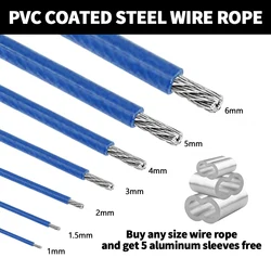 5M/10M/50M/100M Steel Wire Rope Blue Coated PVC Plastic Coated 304 Stainless Cable 2/3/4/5/6mm With Good Wear Resistance