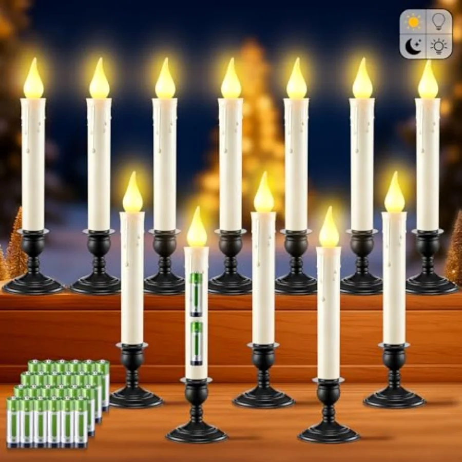 

Pack Battery Operated Window Candles with Sensor Dusk to Dawn Ivory Flameless Taper Candlesticks with Removable Black Base and