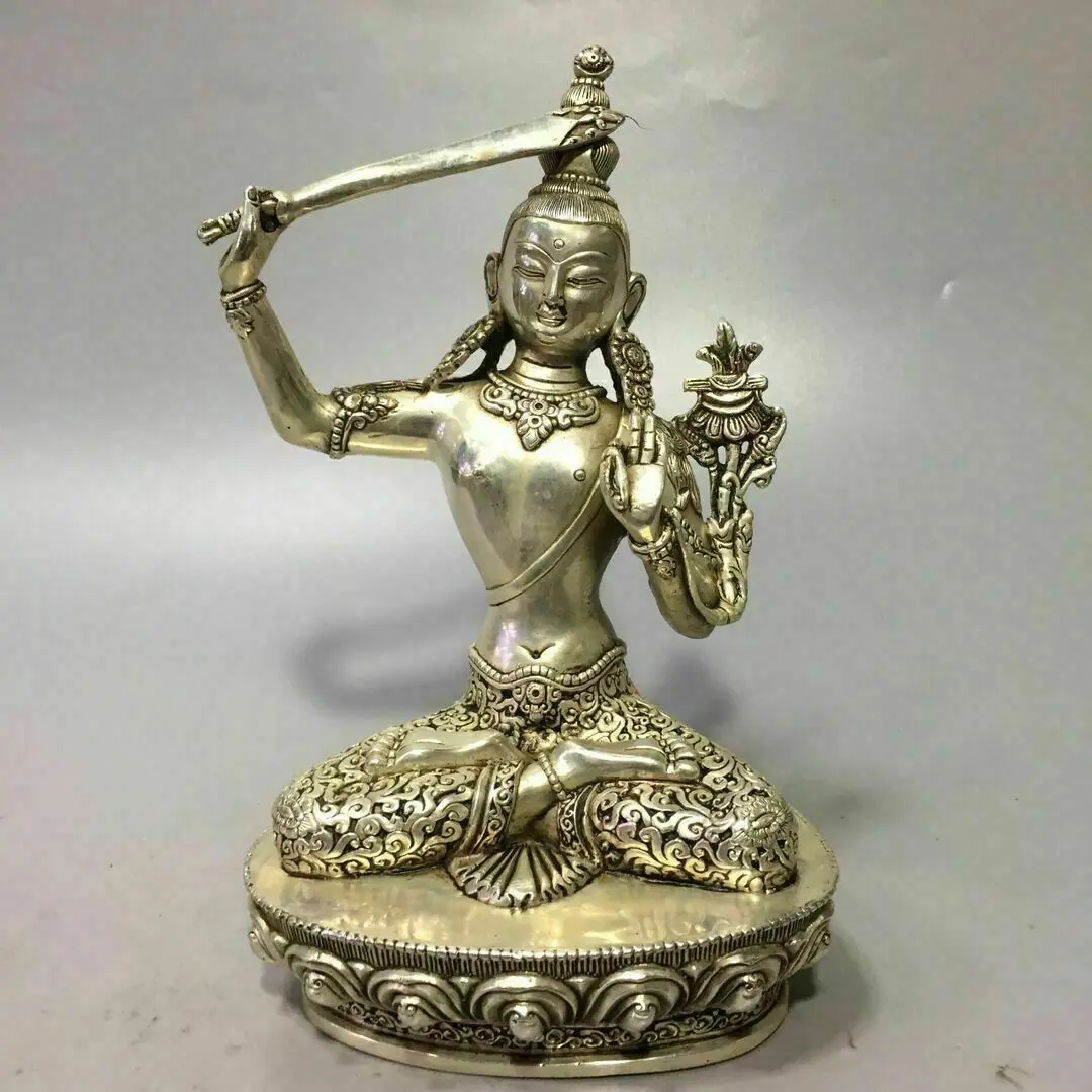 

7 inch bronze copper silver plating buddhism hold sword Manjusri Bodhisattva