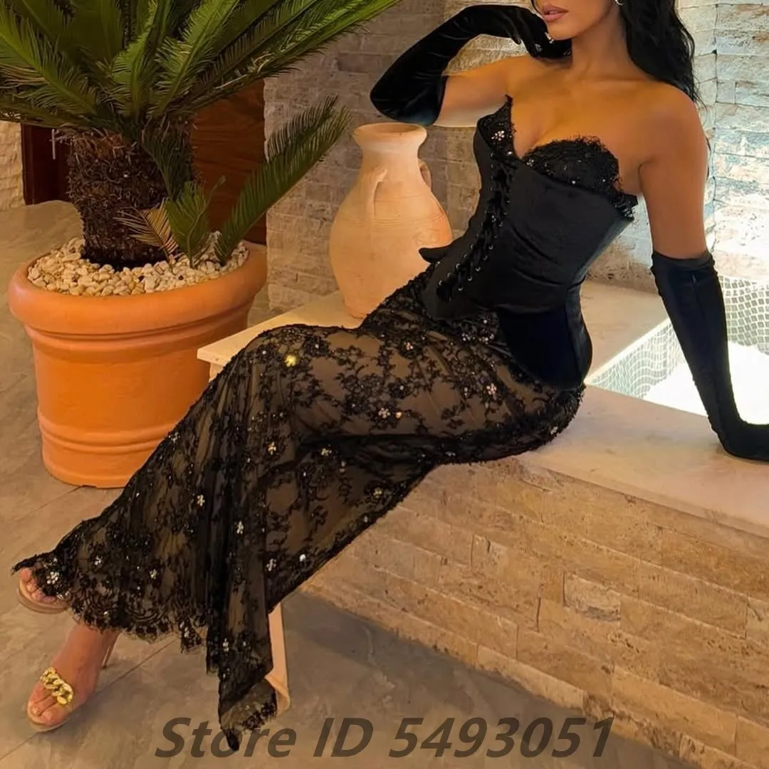 Black Velour Lace Beaded Mermaid Evening Dress With Gloves Corset Prom Gown Floor Length 2024 Customized