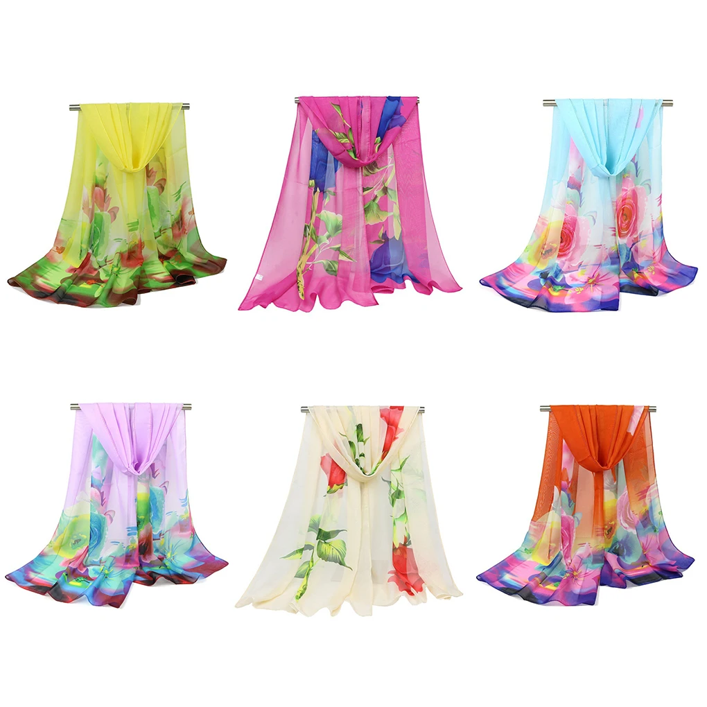 Women Flower Printed Scarf Chiffon Sun Protection Shawls Ladies Wraps Scarves Gauze Kerchief