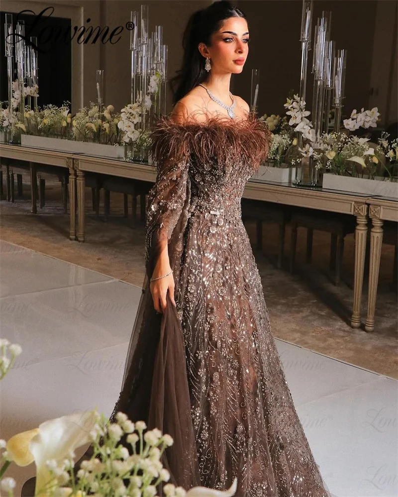 Brown Feathers Off The Shoulder Prom Dress Dubai Evening Dresses Arabic Long Customized Beaded Floral Prom Dress Robes De Soiree