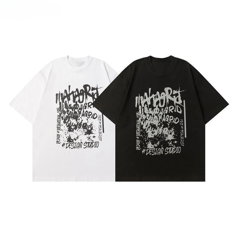

New Summer Streetwear Short-sleeved T-shirts with Graffiti Prints Loose Round-neck Casual Pure Cotton Tops for Men and Women