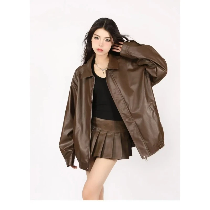 

2024 Women Faux Leather Jacket American Vintage Solid Color Pu Loose Casual Versatile Outwear Highstreet Streetwear Coats Female