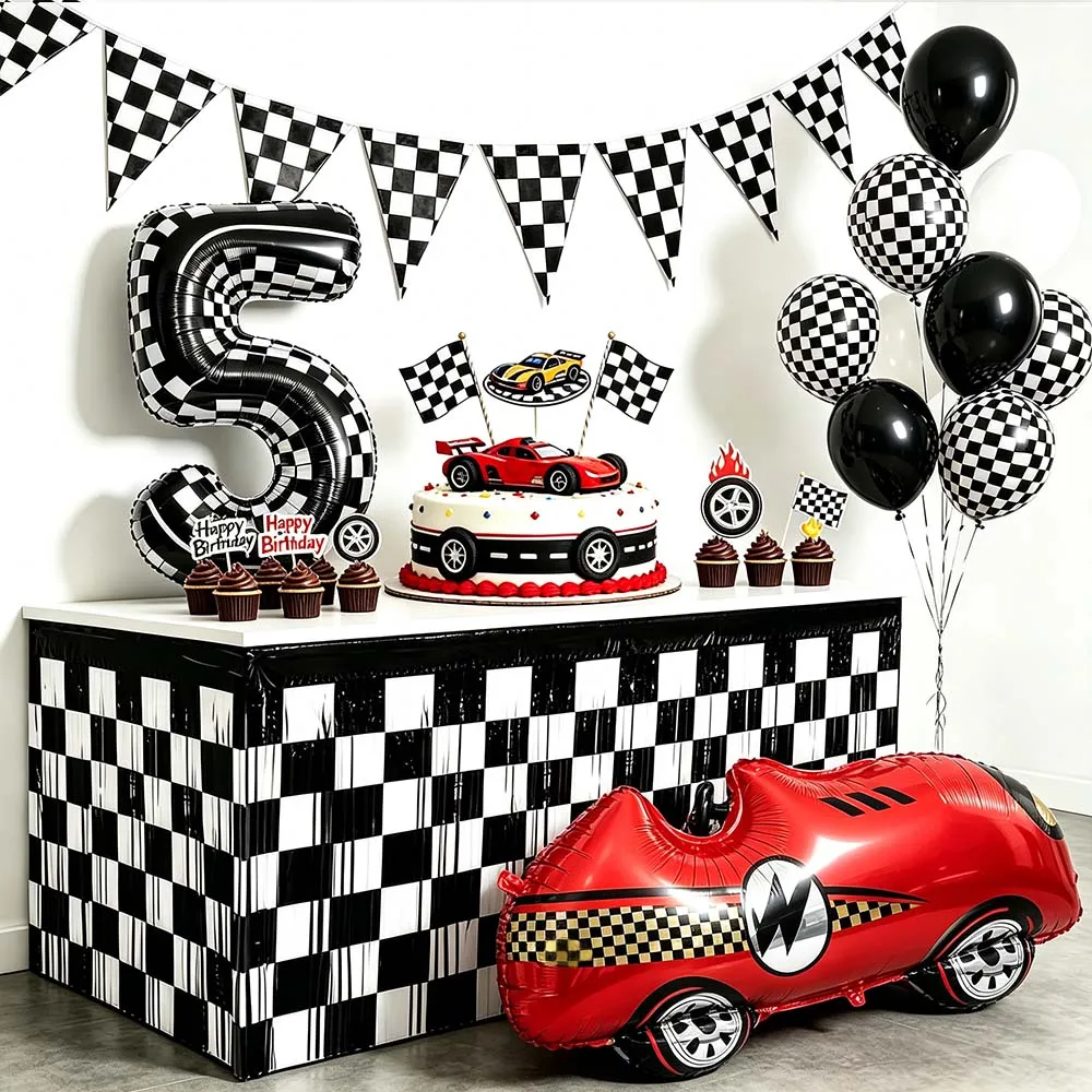 Schwarz-Weißes Gitter-Rennwagen Party-Deko-Set Banner Regensilk Tischvorhang Ballon Tortendekoration Jungen Geburtstagsparty Deko