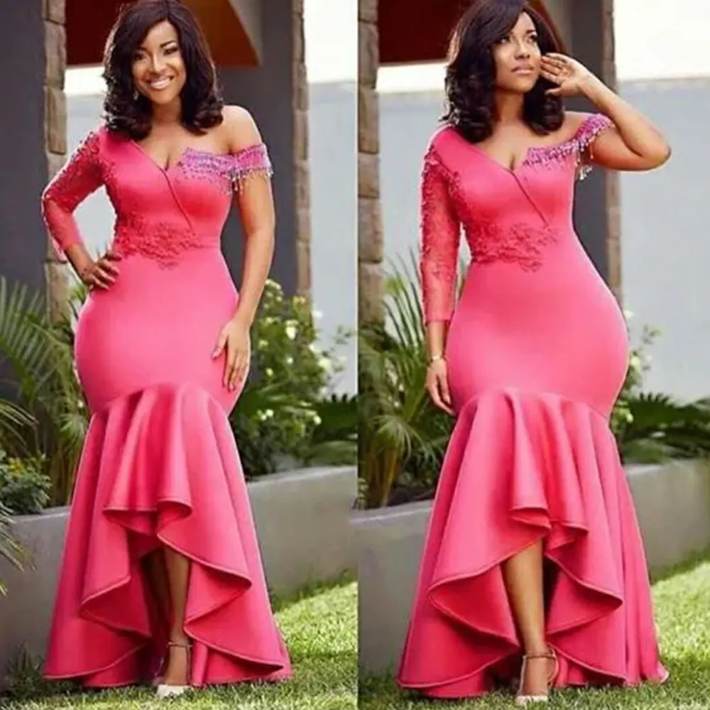 

Watermelon Mermaid Evening Dresses Off Shoulder Tassels High Low Ruffles Prom Gowns Long Sleeves V-Neck Sweep Train Party Robes