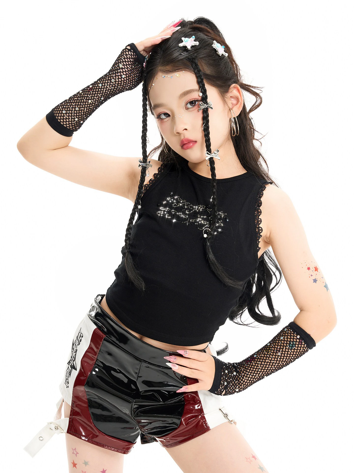 Children Jazz Kpop Dance Costume Girls Lace Diamond Vest Black Pants Hip Hop Dance Performance Clothing Modern Dancewear BL19127