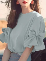 ZANZEA Women Korean Ruffles Chiffon Blouse Autumn Elegant Lantern Short Sleeve Tops Spring Shirt Vintage Bow Tie Patchwork Tunic