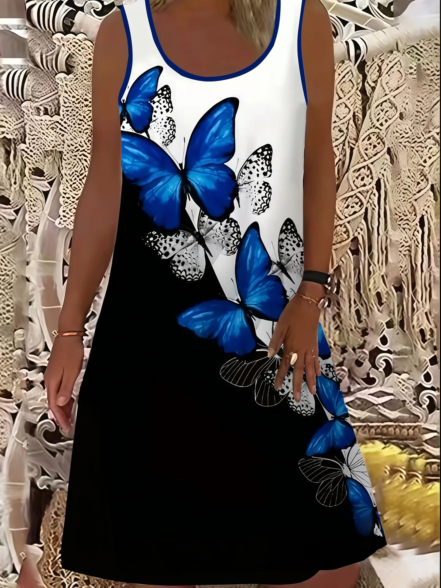 2025 Summer Dresses Fashion Elegant Women Round Neck Ethnic Style  Butterfly Print Dress Casual Plus Size Loose Sleeveless Dress