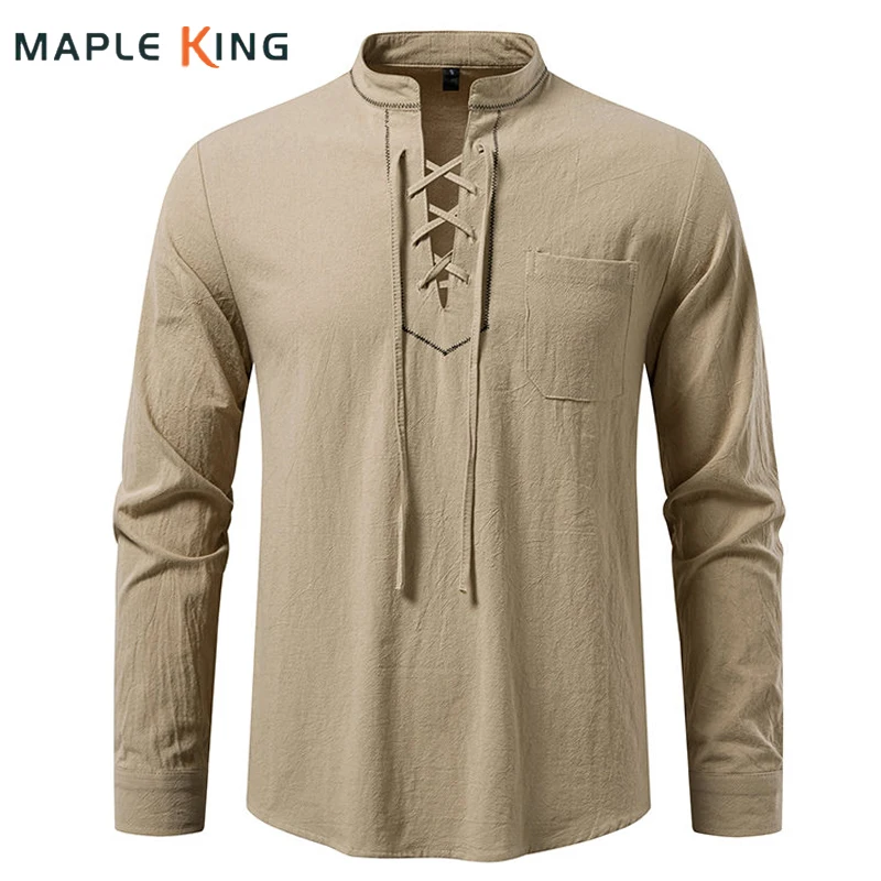 خمر الملابس رجل قمصان قطنية قميص أرض الإنسان كاوبوي الرباط التطريز مصمم القرون الوسطى القراصنة زي قمصان رجالي