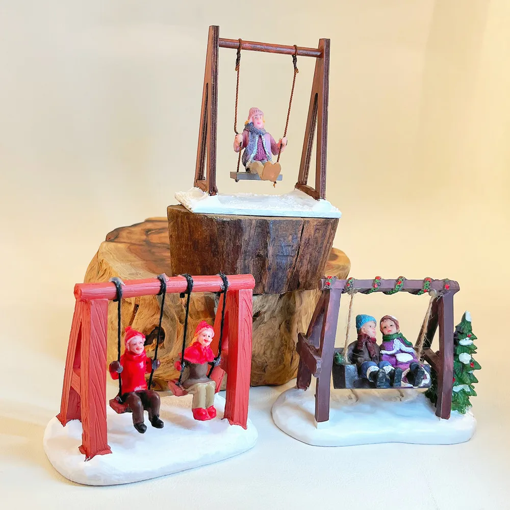 Christmas Village Swing Figurine, Resin Miniature Winter Scene Decor, Movable Swing Christmas Accessory