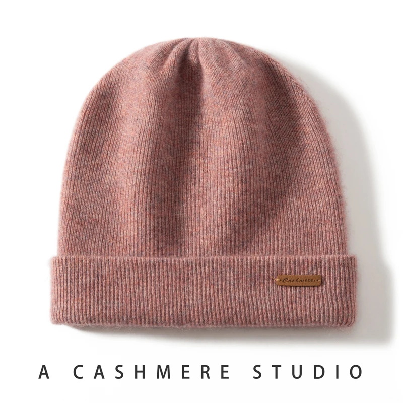 100% Cashmere Hat For Women Men Outdoor 2-Layer Thickened Warm Winter Hats Solid Caps Knit Seamless Beanie Hat Unisex