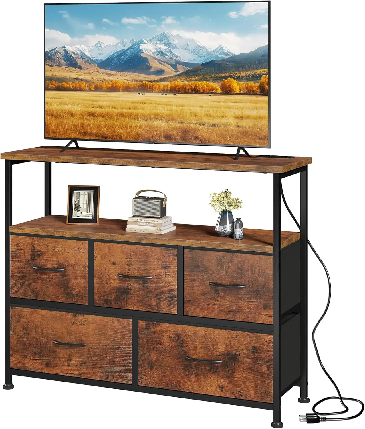 Compact TV Stand with 5 Fabric Drawers, Open Shelf & Charging Station for Bedroom or Living Room in Brown