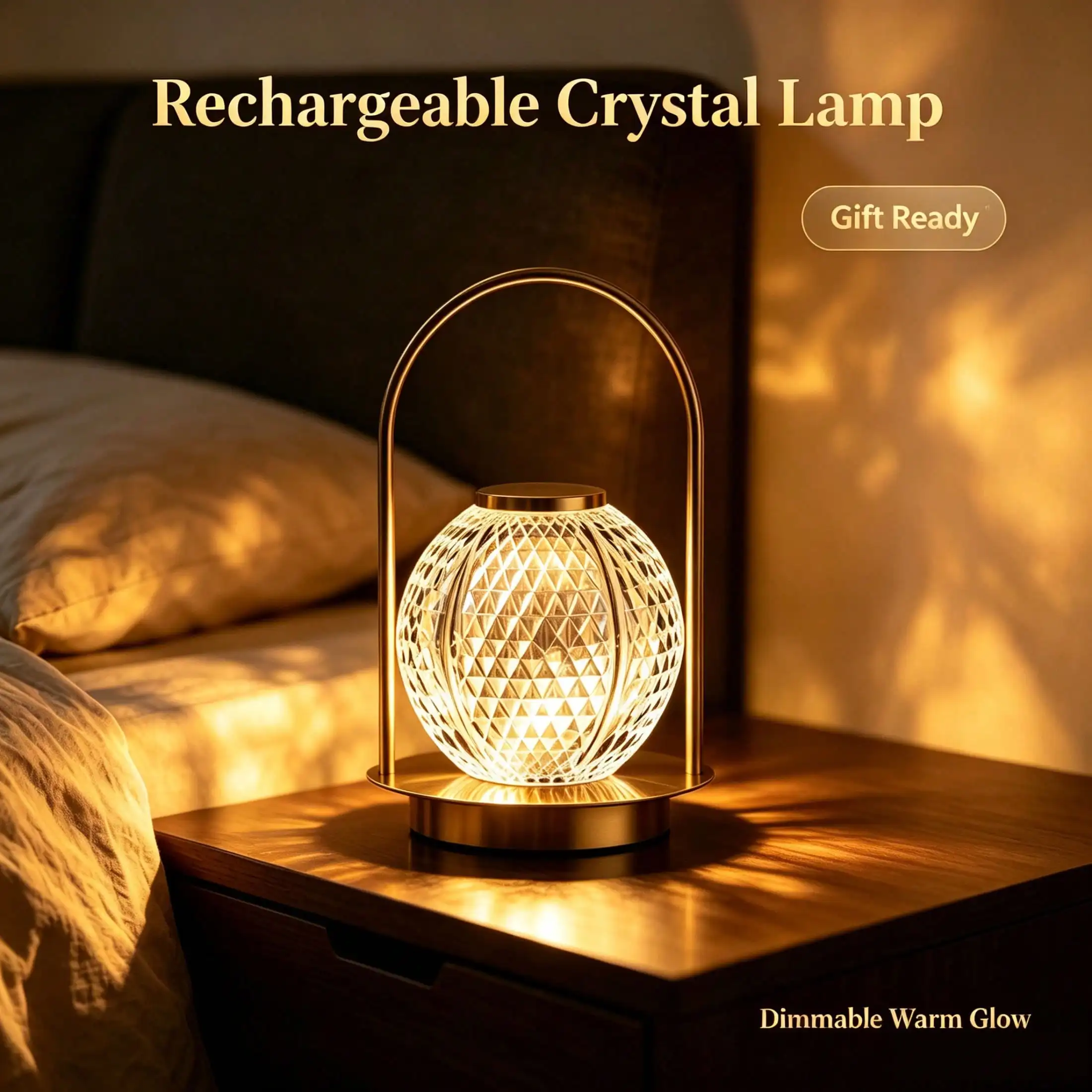Cordless Table Lamp, Rechargeable Battery Operated LED Desk Lamp, Touch Control Dimmable Crystal Ball Lantern Night Light, Wireless Metal Bedside Lamp With Handle For Bedroom Restaurant Patio