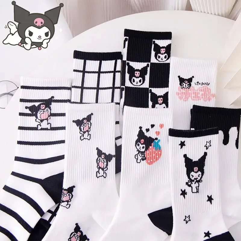 8Pcs Kawaii Cute Socks Kuromi Sanrio for Girl Anime Spring Autumn Winter Long Barrel Cotton Socks Japanese Sweet Student Fashion