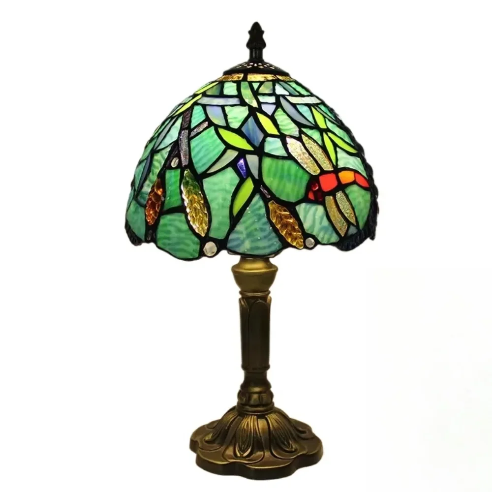 8inch Tiffany Villa Hotel Desk Lamp Stained Glass Green Dragonfly Lampshade Table Lamp American Living Room Bedroom Night Light