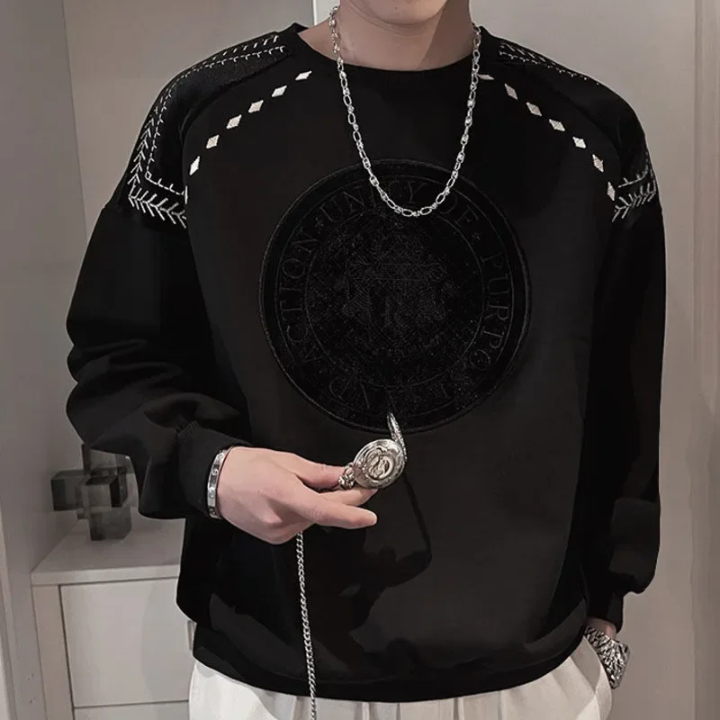 

Black Stitching Print Sweatshirts Hip Hop Pullover Top Japanese Korean Streetwear Sweatshirt Men Autumn O-neck Men