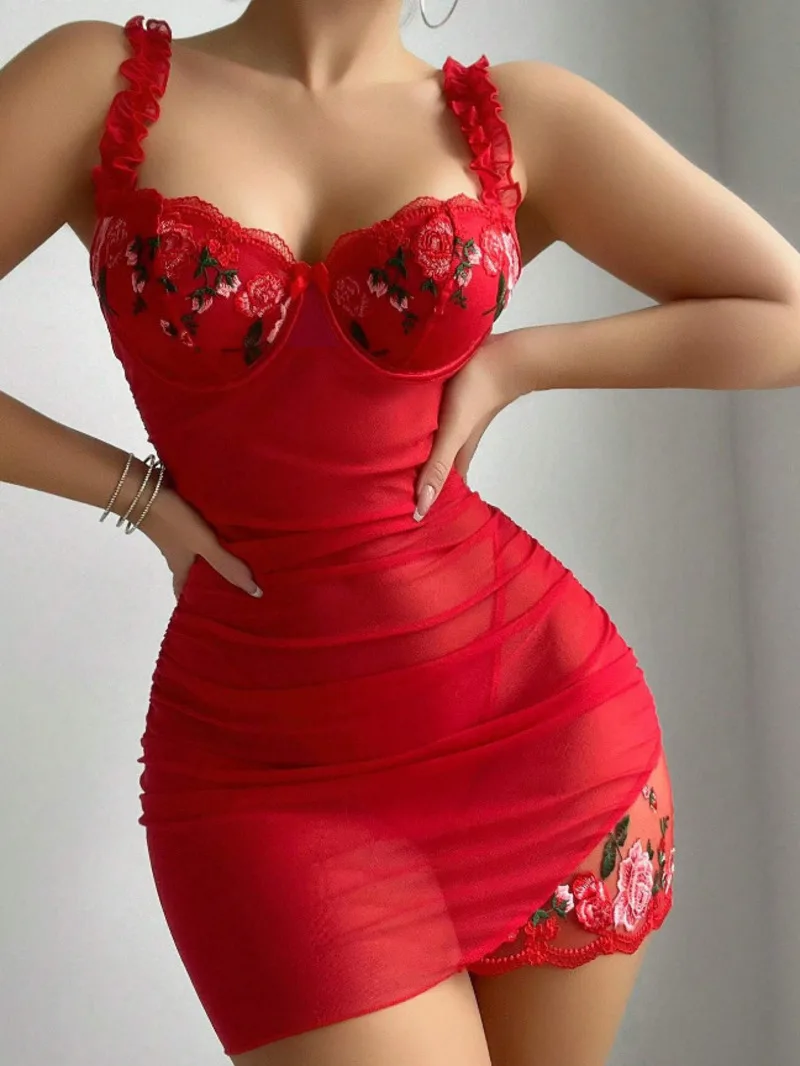 2025 봄 섹시 시스루 솔리드 컬러 드레스 신상 스트랩 오프숄더 플라워 자수 랩 힙 메쉬 드레스 투명 매력적인 2HDL