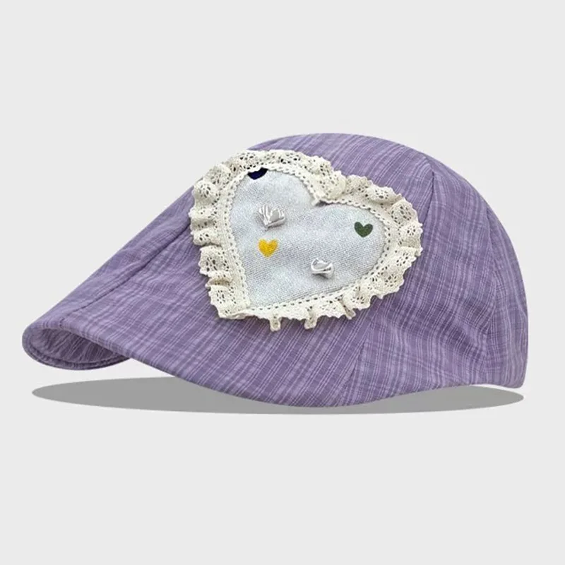 Korean Niche Design Soft Brim Lace Love Sticker Embroidered Forward Hat Spring and Summer Thin Breathable Short Brim Newsboy Cap