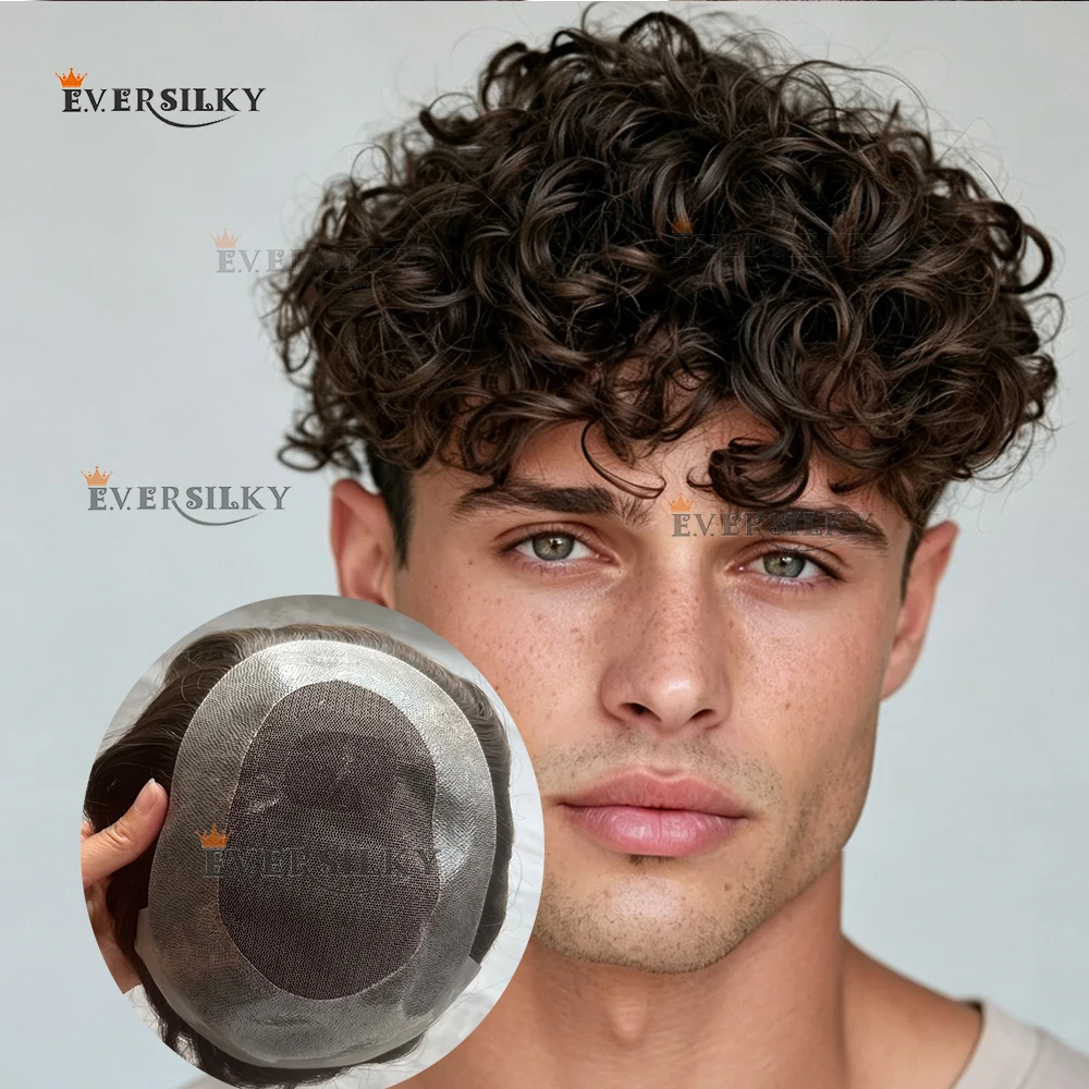 Australia Base 26mm curly Men Toupee #1B50  Grey Brown Human Hair Breathable Lace Transparent PU Piece Men's Capillary Prothesis