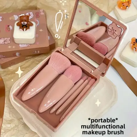 5-Piece Foldable Makeup Brush Set with Mirror - Portable Travel Kit, Mini Professional Cosmetic Brushes for Foundation, Eyeshado