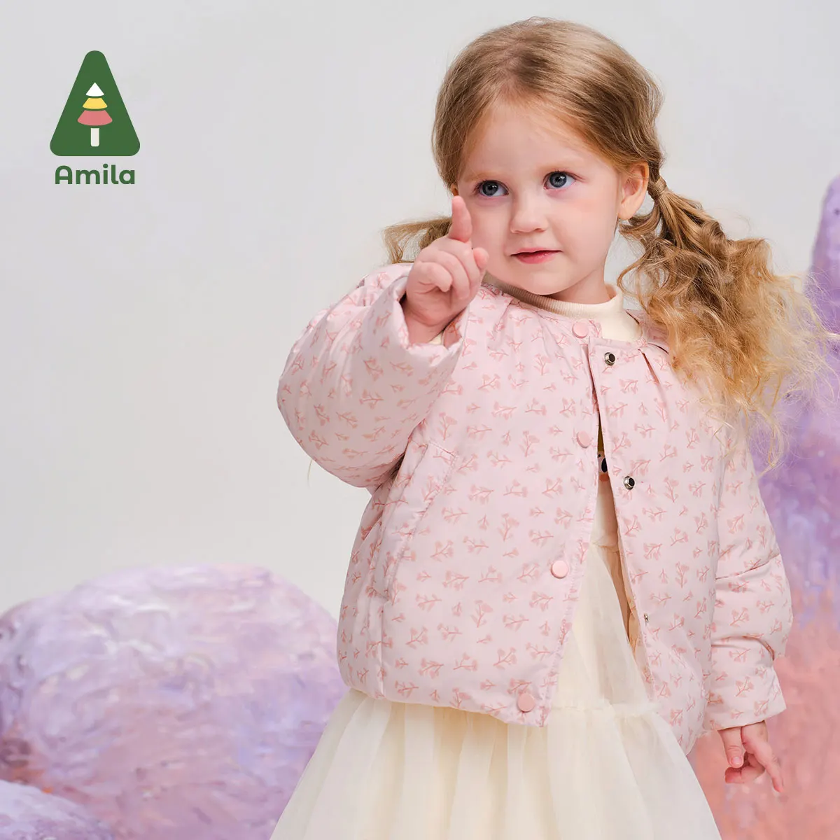 Amila Baby Cotton Clothes 2024 Winter New High Quality Girls Solid Color Round Neck Cute Soft Warm Casual Loose Children‘s Coat