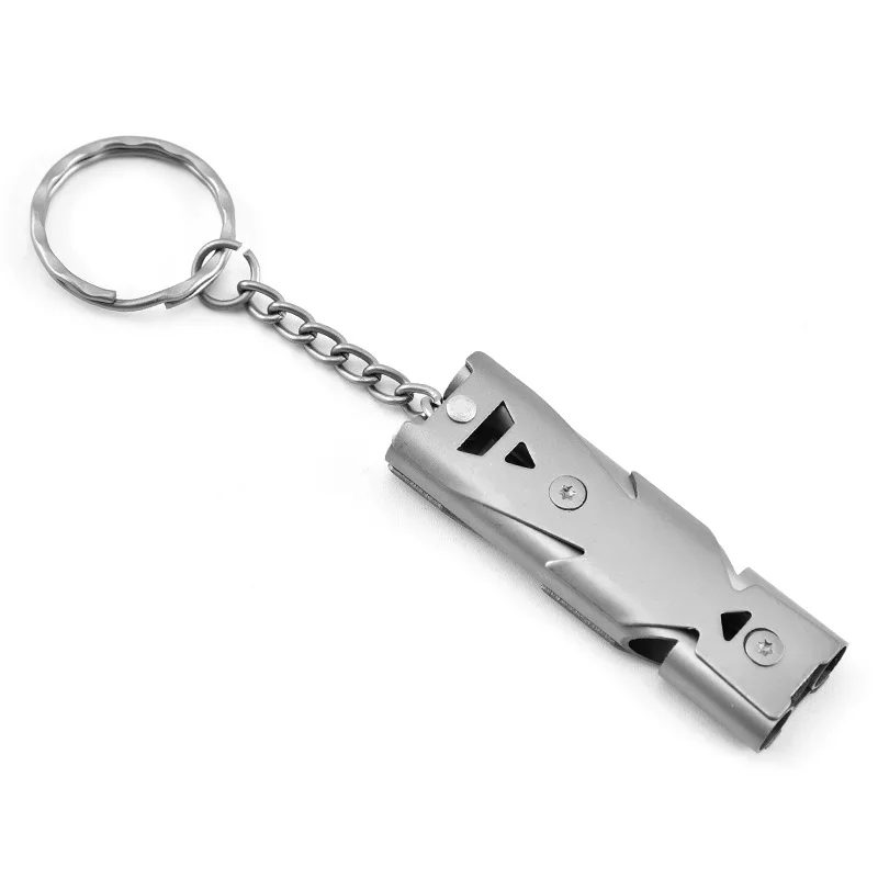 High Decibel Whistle Portable Keychain Aço Inoxidável Double Pipe Camping Caminhadas Emergency Survival Whistle Outdoors Tools 2021