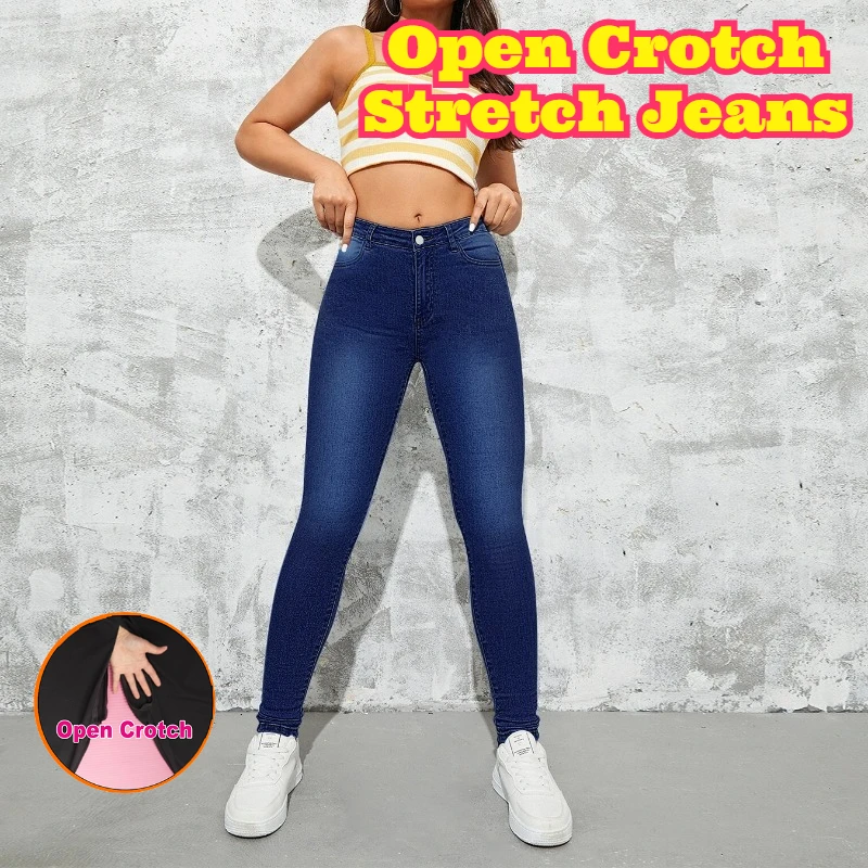 Open Crotch Women High Waist Solid Denim Jeans Autumn Winter Slim Fit High Stretch Skinny Fashion Casual Daily Commute Trousers