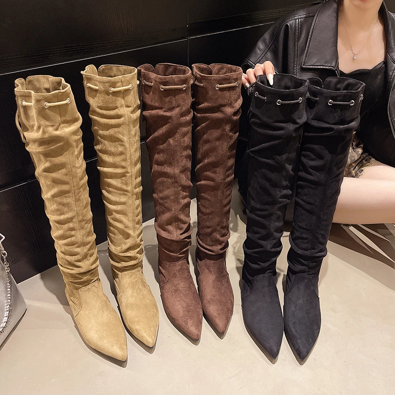 Sleeve Over Knee Boots Fashion Pointed Toe Suede Inside Heightened Anti-Slip Wear-Resistant Tall
